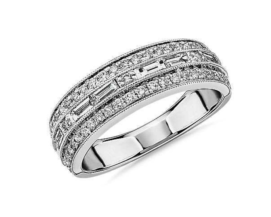 Rings | Blue Nile Zac Zac Posen Triple Row East-West Baguette & Pav Diamond Wedding Ring In 14K White Gold (6 Mm, 3/4 Ct. Tw.)