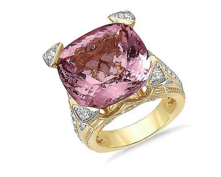 Rings | Blue Nile Extraordinary Collection: Cushion Cut Morganite And Diamond Ring In 18K Yellow Gold (17X17Mm)