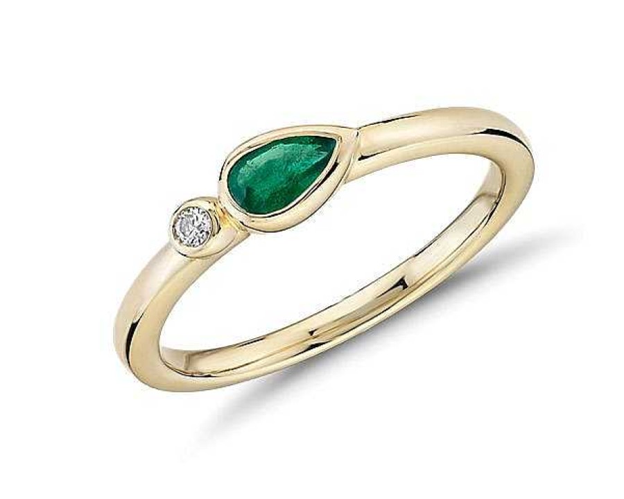 Rings | Blue Nile Bezel-Set Pear-Shaped Emerald And Diamond Stacking Ring In 14K Yellow Gold (3X5Mm)