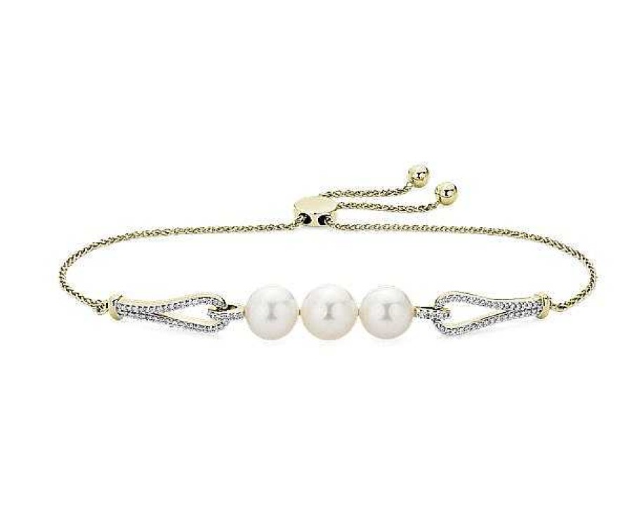 Bracelets | Blue Nile White Freshwater Pearl Bolo Bracelet With Diamond Detail In 14K Yellow Gold