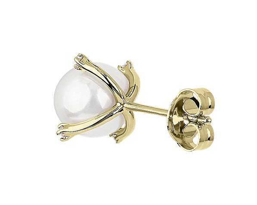 Earrings | Blue Nile Akoya Pearl With Diamond Stud Earrings In 14K Yellow Gold (7-7.5Mm)