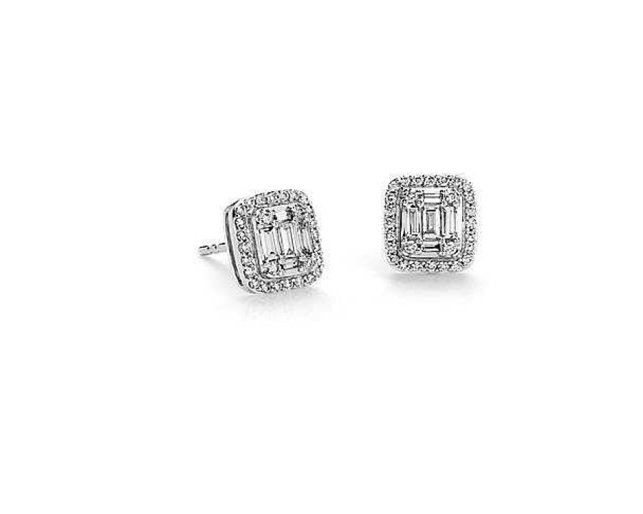 Earrings | Blue Nile Baguette Diamond Halo Stud Earrings In 18K White Gold (1/2 Ct. Tw.)