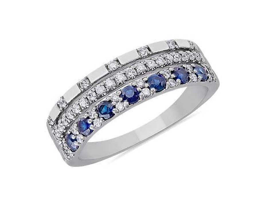 Rings | Blue Nile Three Row Stacked Sapphire And Pav Diamond Ring In 14K White Gold (1/4 Ct. Tw.)