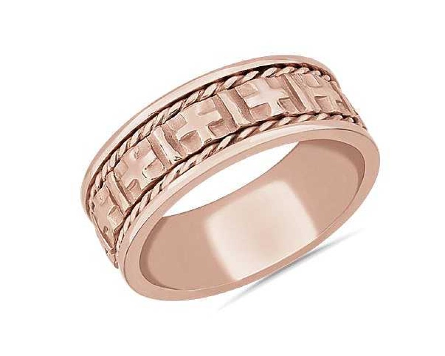 Men'S Rings | Blue Nile Braided Edge Cross Wedding Ring In 14K Rose Gold (8Mm)