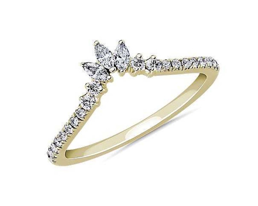 Women'S Rings | Blue Nile Curved Marquise Accent And Pav Diamond Ring In 18K Yellow Gold (1/4 Ct. Tw.)