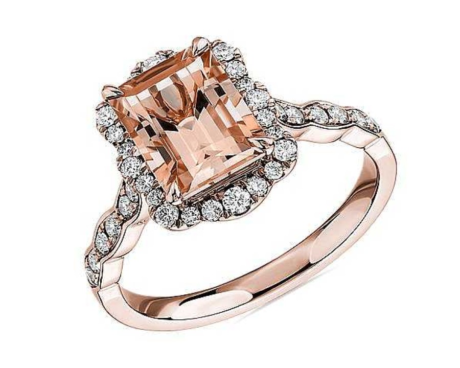 Rings | Blue Nile Emerald Cut Morganite Ring With Diamond Halo In 14K Rose Gold