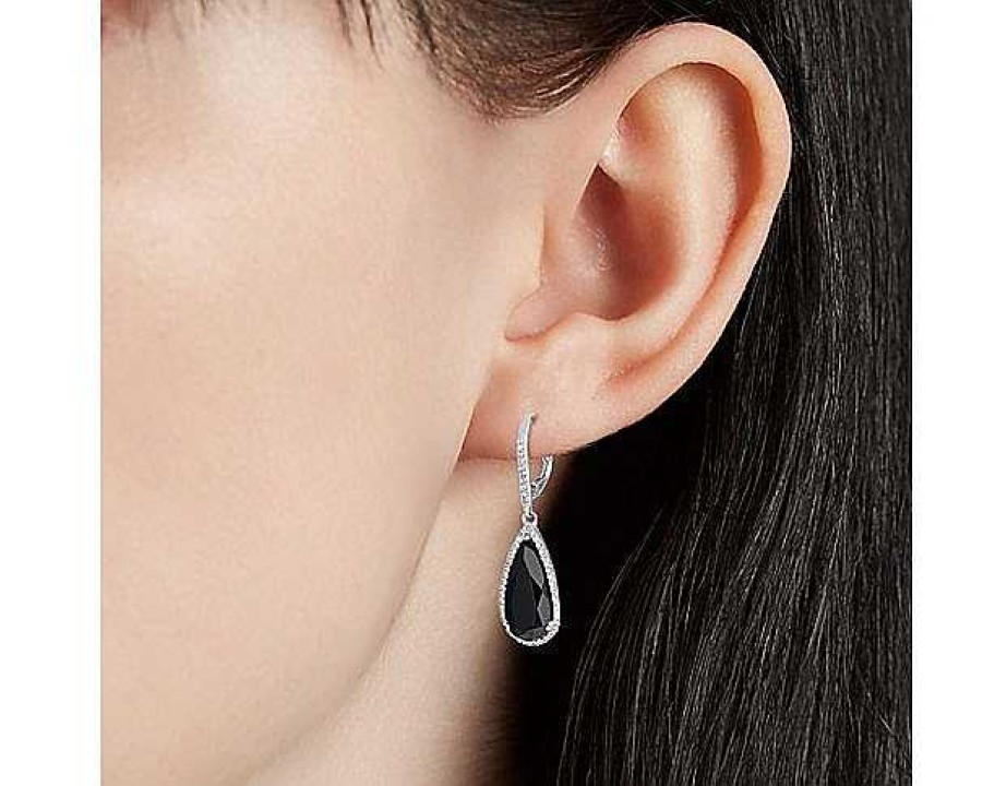 Earrings | Blue Nile Pear-Shaped Black Onyx Drop Earrings With White Topaz Halo In Sterling Silver (18X8Mm)