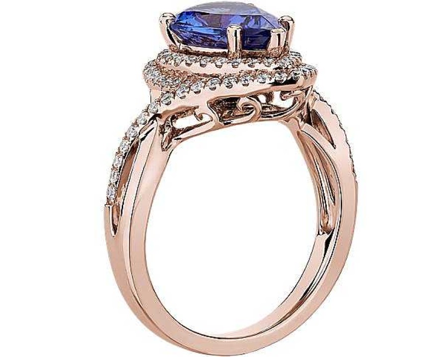 Rings | Blue Nile Pear Cut Tanzanite Ring With Double Diamond Halo In 14K Rose Gold