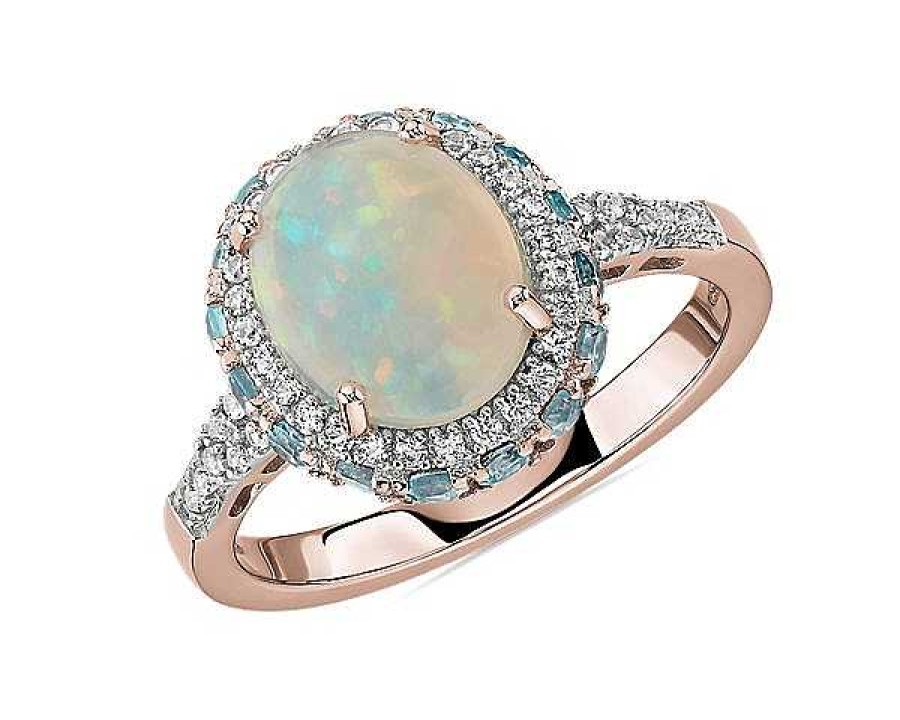 Rings | Blue Nile Oval Opal And Swiss Blue Topaz Halo Ring In 14K Rose Gold