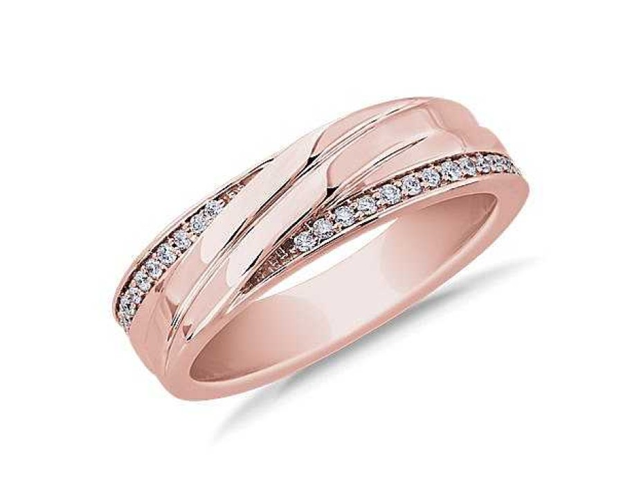 Men'S Rings | Blue Nile Diagonal Lined With Pav Diamond Edge Men'S Wedding Ring In 14K Rose Gold (1/8 Ct. Tw.)