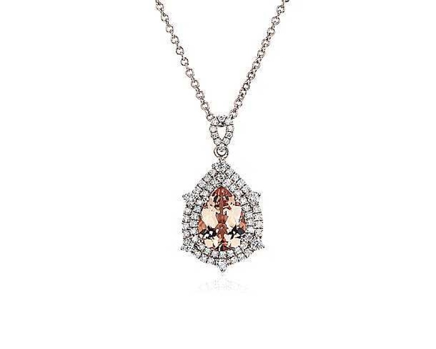 Necklaces | Blue Nile Pear Shaped Morganite And Diamond Double Halo Pendant In 14K Rose Gold