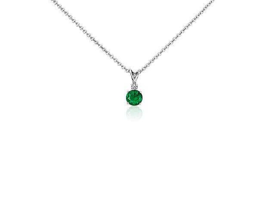 Necklaces | Blue Nile Emerald And Diamond Solitaire Pendant In 18K White Gold (5Mm)