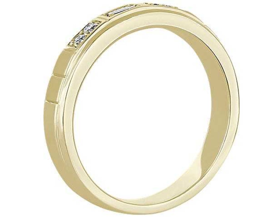 Men'S Rings | Blue Nile Men'S Baguette With Round Accent Wedding Ring In 14K Yellow Gold (1/10 Ct. Tw.)