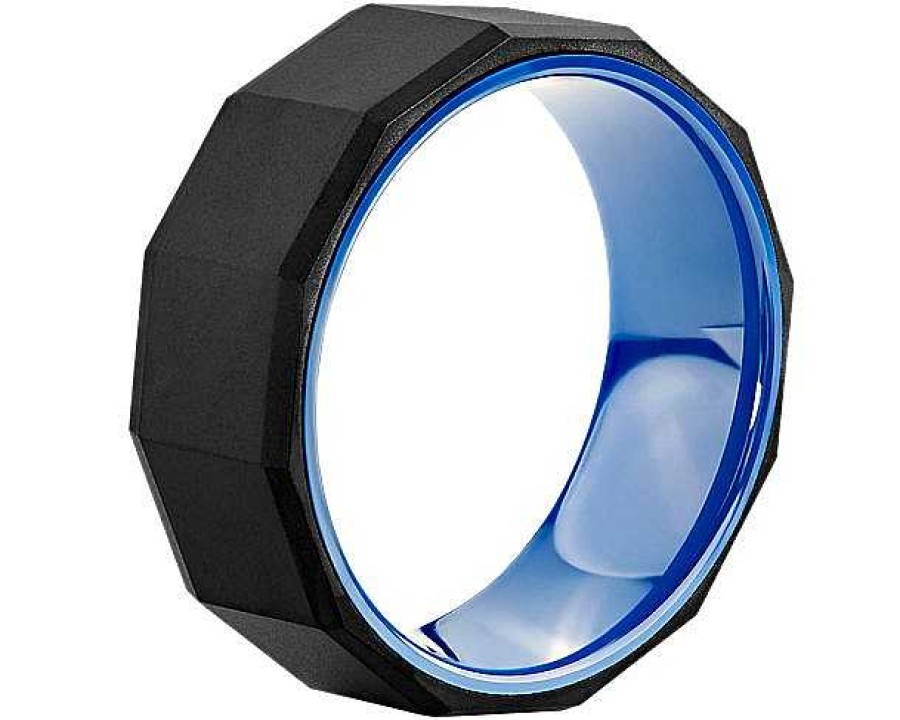 Men'S Rings | Blue Nile Black Faceted Wedding Ring In Tungsten And Blue Ceramic (8Mm)