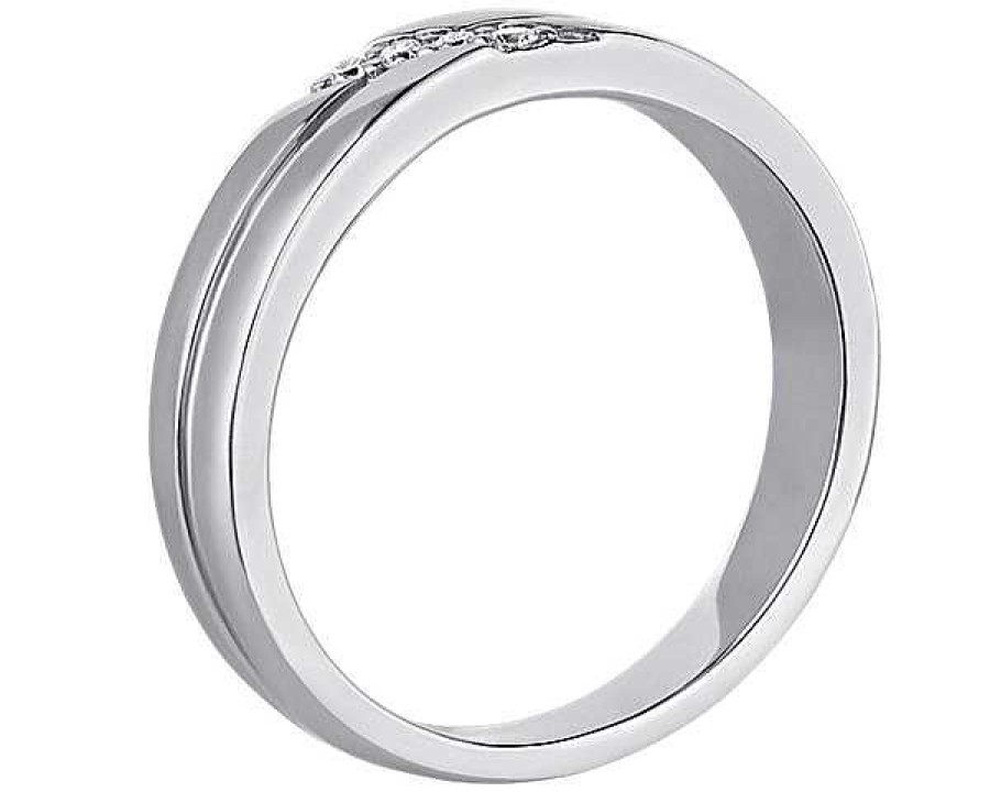 Men'S Rings | Blue Nile Diagonal Pav Diamond Grooved Wedding Ring In 14K White Gold (.06 Ct. Tw.)