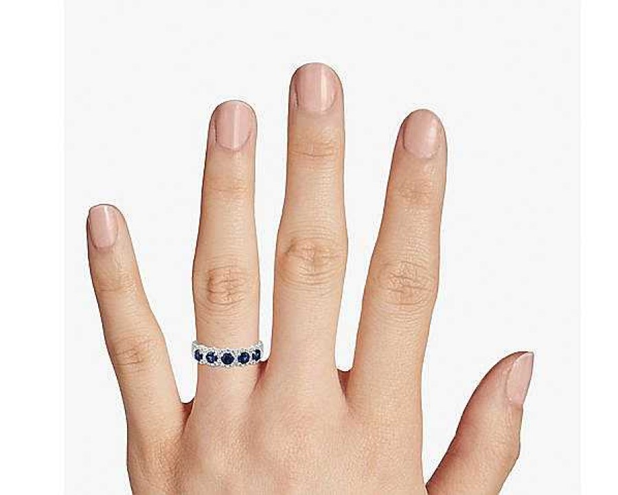 Rings | Blue Nile Five Stone Round Sapphire Halo Diamond Ring In 14K White Gold (1 Ct. Tw.)