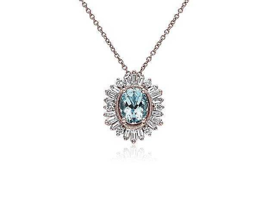 Necklaces | Blue Nile Oval Aquamarine Pendant With Baguette Halo In 14K Rose Gold (6X8Mm)