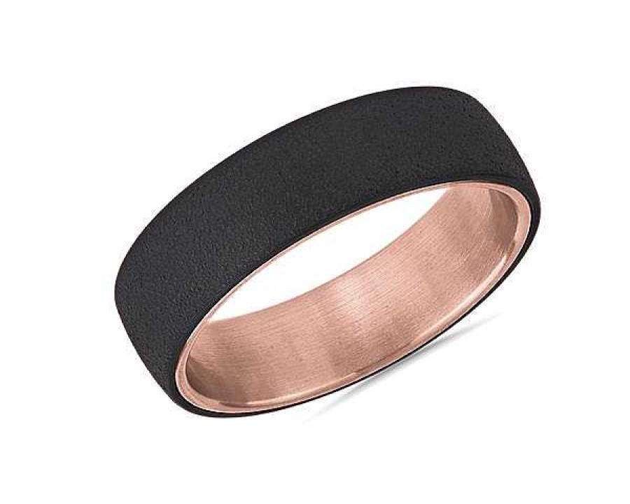 Men'S Rings | Blue Nile Two-Tone Stone Finish Wedding Ring In Tantalum And 14K Rose Gold (6.5Mm)