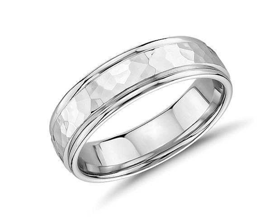 Men'S Rings | Blue Nile Hammered Inlay Wedding Ring In 14K White Gold (6.5Mm)