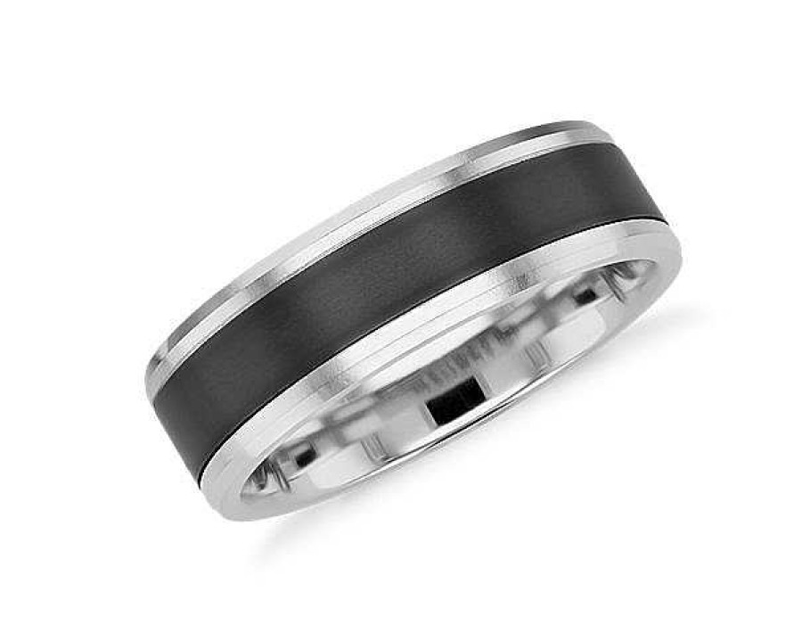 Men'S Rings | Blue Nile Satin Finish Wedding Ring In Black Titanium And 14K White Gold (7Mm)