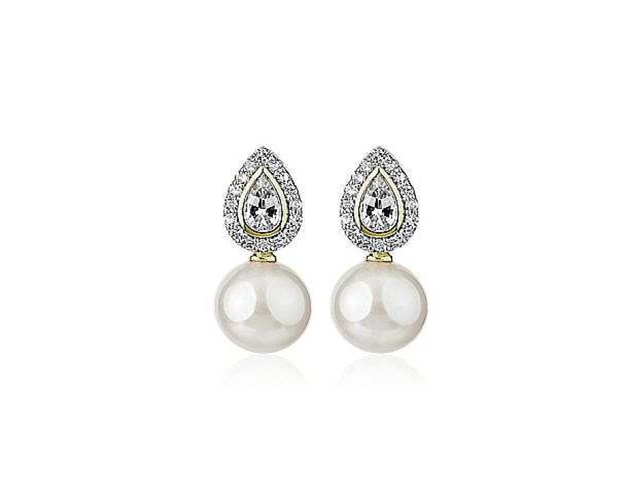 Earrings | Blue Nile Freshwater Pearl And White Sapphire Drop Earrings In 14K Yellow Gold