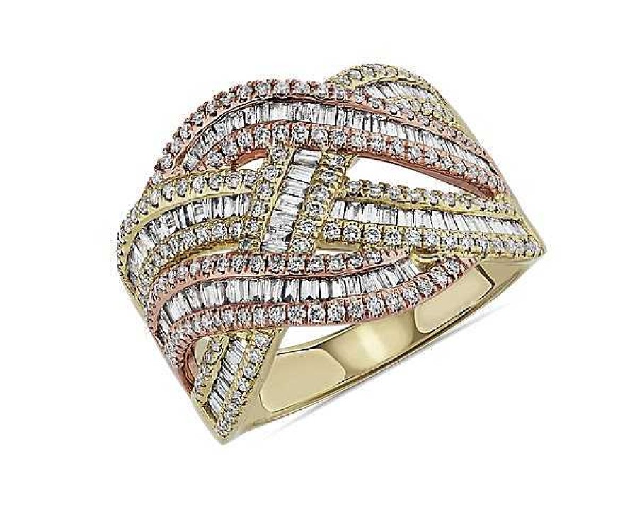 Rings | Blue Nile Round And Baguette Criss Cross Diamond Fashion Ring In 14K Yellow Gold And 14K Rose Gold (1 Ct. Tw)