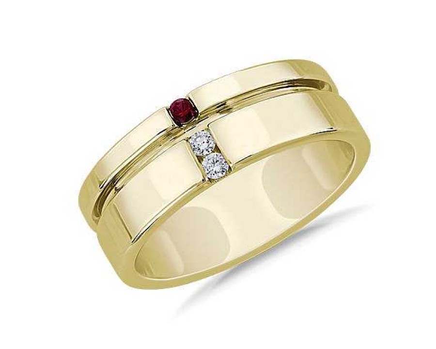 Men'S Rings | Blue Nile Men'S Diamond And Ruby Grooved Wedding Band In 14K Yellow Gold (7.5 Mm)