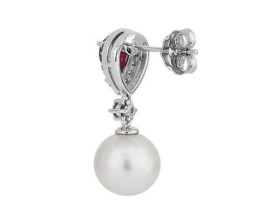 Earrings | Blue Nile Classic Akoya Cultured Pearl Drop Earrings With Ruby And Diamond Detail In 14K White Gold