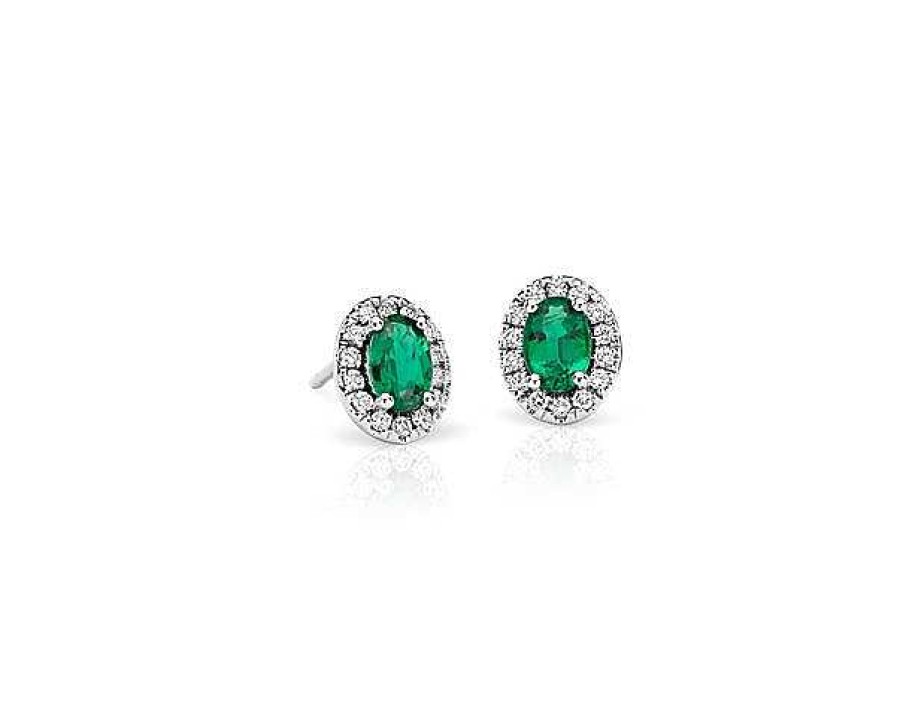 Earrings | Blue Nile Emerald And Pav Diamond Halo Earrings In 14K White Gold (6X4Mm)