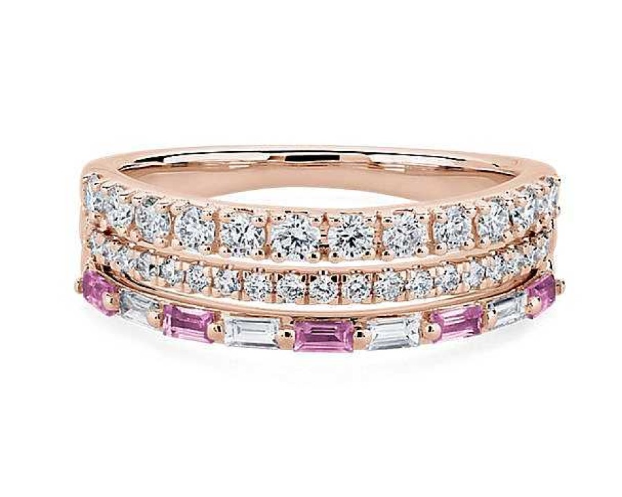 Rings | Blue Nile Three Row Stacked Pink Sapphire Baguette And Pave Diamond Ring In 14K Rose Gold