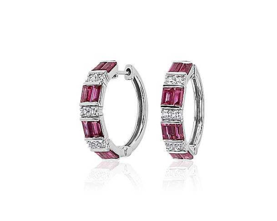 Earrings | Blue Nile Alternating Ruby Baguette And Round Diamond Hoop Earrings In 14K White Gold