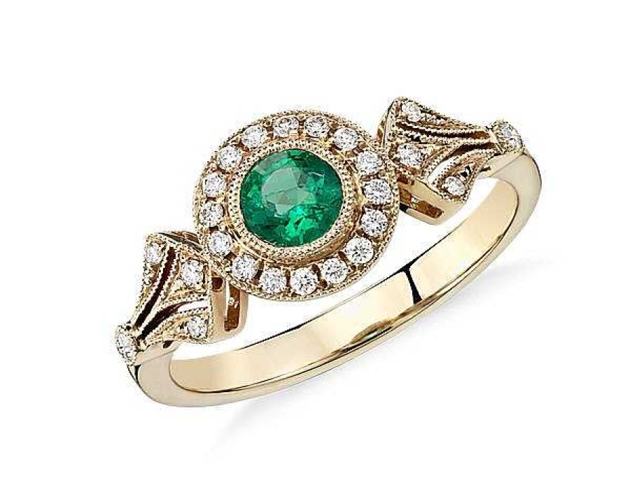 Rings | Blue Nile Emerald And Diamond Halo Vintage-Inspired Milgrain Ring In 14K Yellow Gold (4Mm)