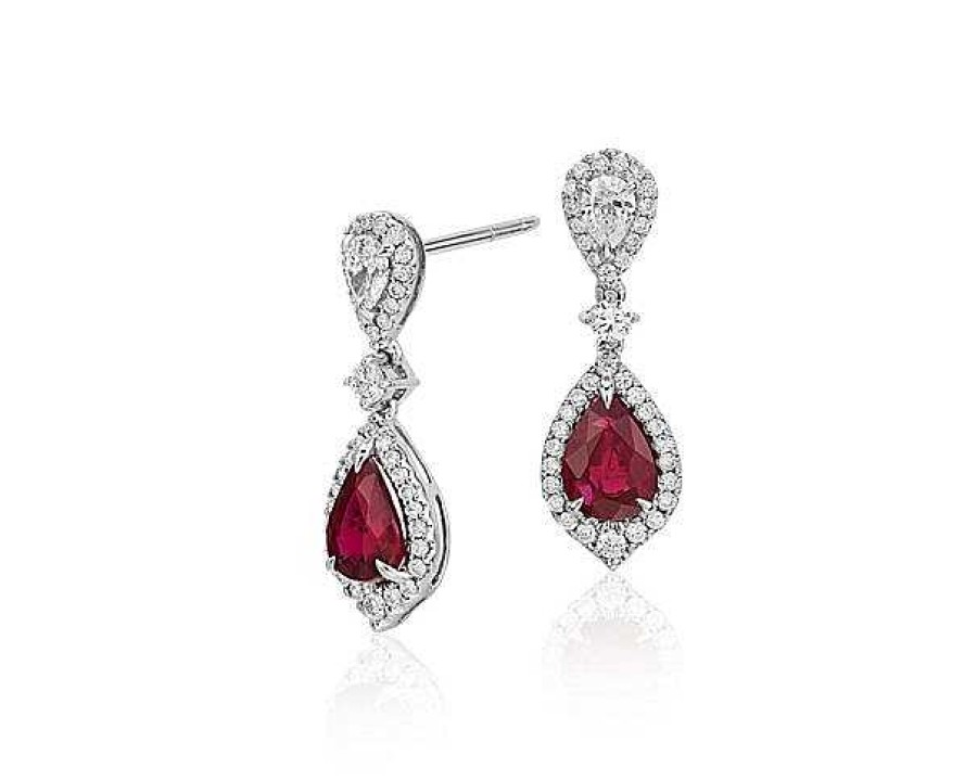 Earrings | Blue Nile Ruby And Diamond Drop Earrings In 18K White Gold (6X4Mm)