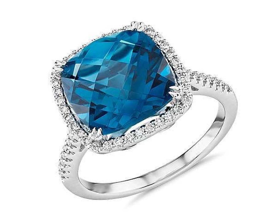 Rings | Blue Nile Cushion-Cut London Blue Topaz Diamond Halo Cocktail Ring In 14K White Gold (10.5Mm)