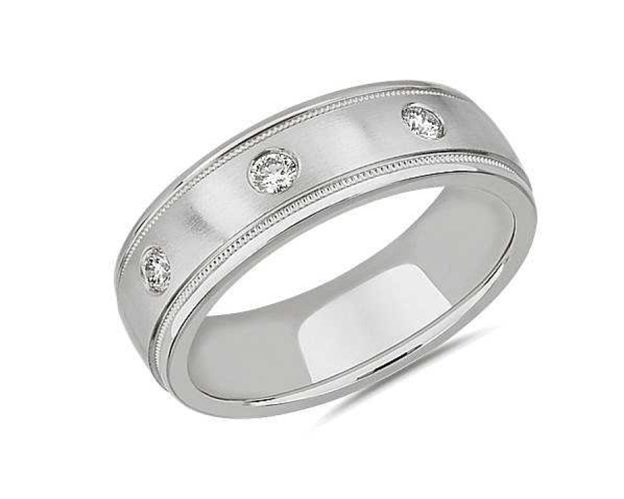 Men'S Rings | Blue Nile Milgrain Burnished Set Diamond Wedding Ring In Platinum (5 Mm, 1/5 Ct. Tw.)