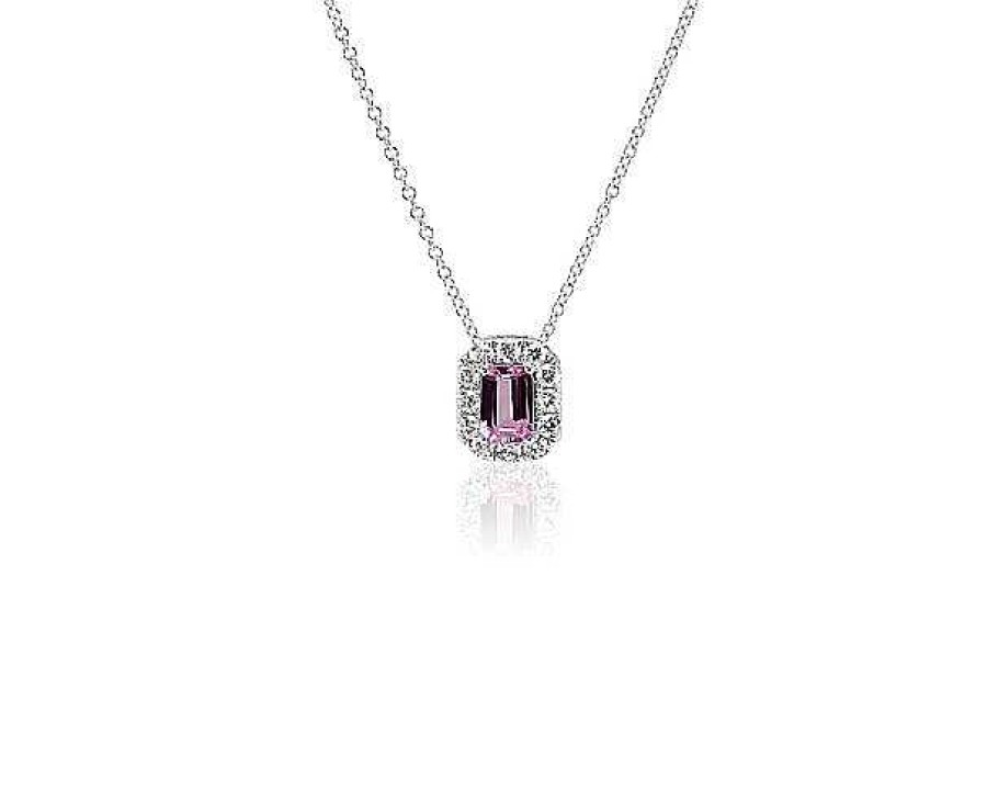 Necklaces | Blue Nile Emerald Cut Pink Sapphire And Diamond Halo Pendant In 14K White Gold (6X4Mm)