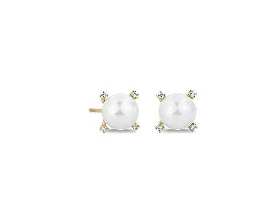 Earrings | Blue Nile Akoya Pearl With Diamond Stud Earrings In 14K Yellow Gold (7-7.5Mm)