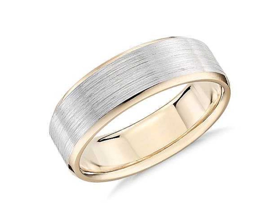 Men'S Rings | Blue Nile Brushed Beveled Edge Wedding Ring In 14K White And Yellow Gold (7Mm)