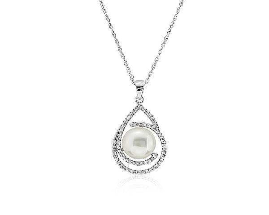 Necklaces | Blue Nile Freshwater Button Pearl Pendant With Swirl Diamond Halo In 14K White Gold