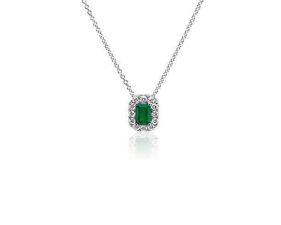 Necklaces | Blue Nile Emerald Cut Emerald And Diamond Halo Pendant In 14K White Gold (6X4Mm)