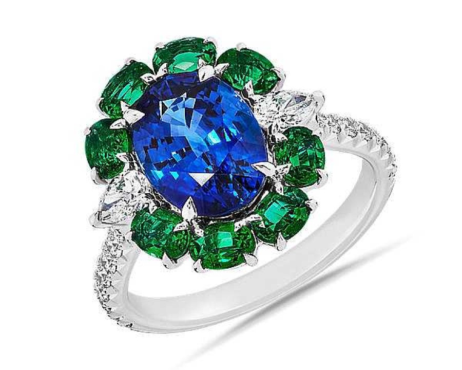 Rings | Blue Nile Extraordinary Collection: Blue Sapphire And Emerald Ring With Diamond Details In 18K White Gold