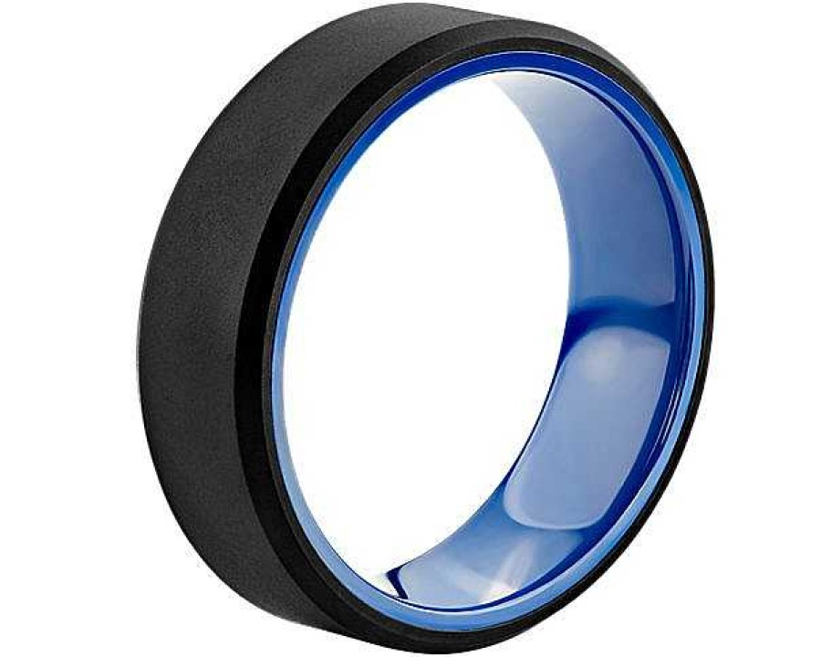 Men'S Rings | Blue Nile Black Beveled Edge Wedding Ring In Tungsten And Blue Ceramic (7Mm)