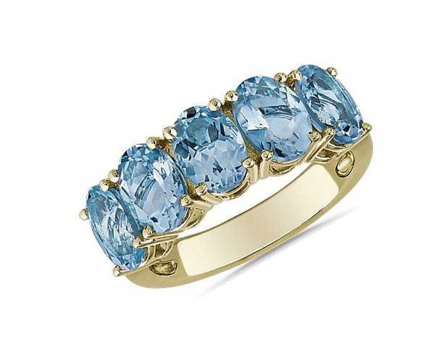 Rings | Blue Nile 5-Stone Oval Aquamarine Ring In 14K Yellow Gold (7X5Mm)