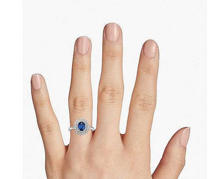 Rings | Blue Nile Oval Sapphire Ring With Double Sunburst Diamond Halo In 14K White Gold (7X5Mm)