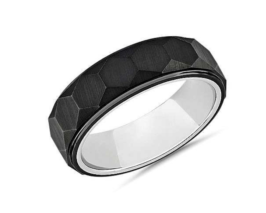 Men'S Rings | Blue Nile Step Edge Faceted Hexagon Center Wedding Ring In Black & White Tungsten (7Mm)