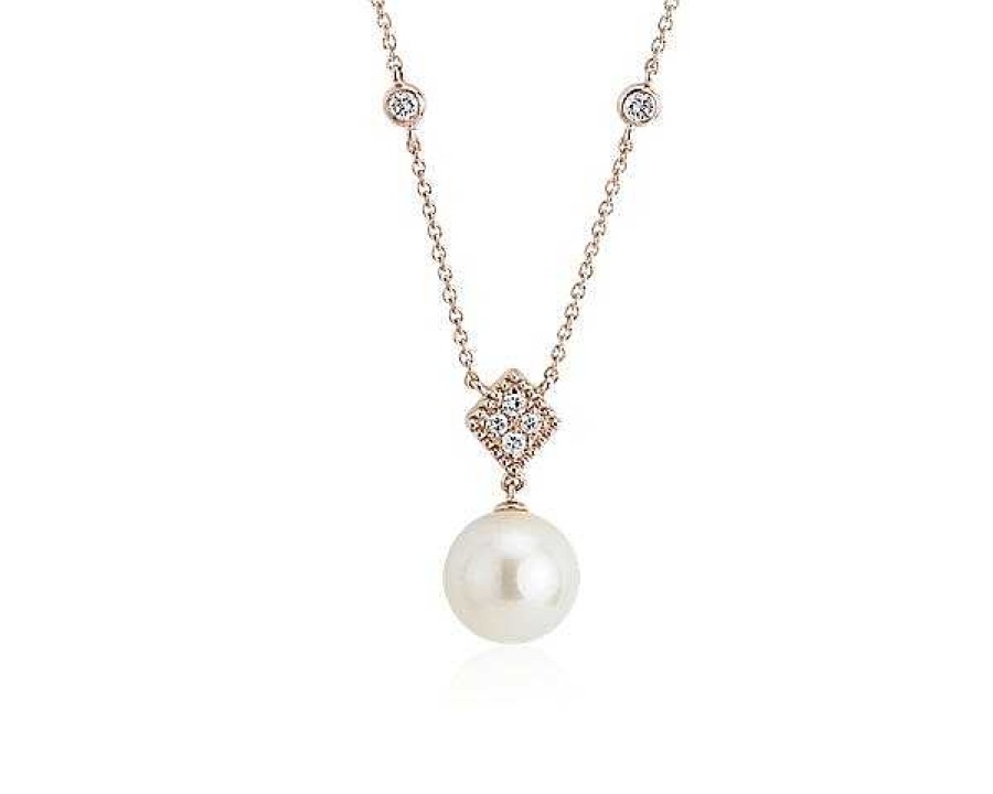 Necklaces | Blue Nile Freshwater Cultured Pearl Drop Necklace With Diamond In 14K Rose Gold (8-8.5Mm)