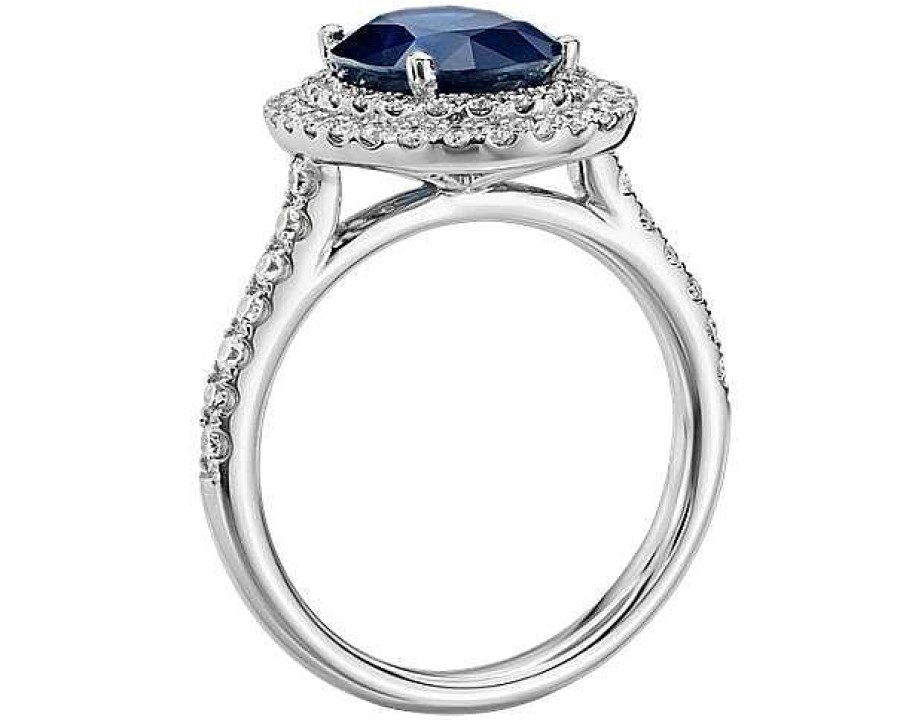 Rings | Blue Nile Oval Sapphire And Diamond Double Halo Micropav Ring In 18K White Gold (9X7Mm)