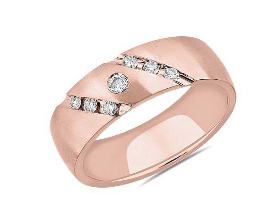 Men'S Rings | Blue Nile Diagonal Diamond Highlight Wedding Ring In 14K Rose Gold (7 Mm, 1/4 Ct. Tw.)