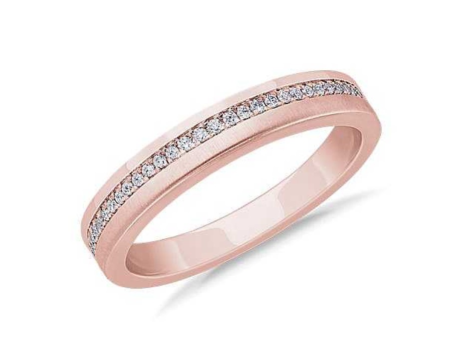 Men'S Rings | Blue Nile Men'S Diamond Pav Edge Wedding Ring In 14K Rose Gold (1/6 Ct. Tw.)