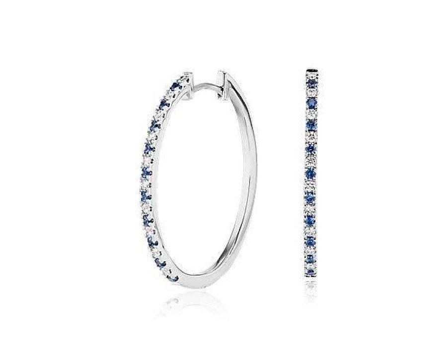 Earrings | Blue Nile Sapphire And Diamond Oval Hoop Earrings In 14K White Gold (1.4Mm)